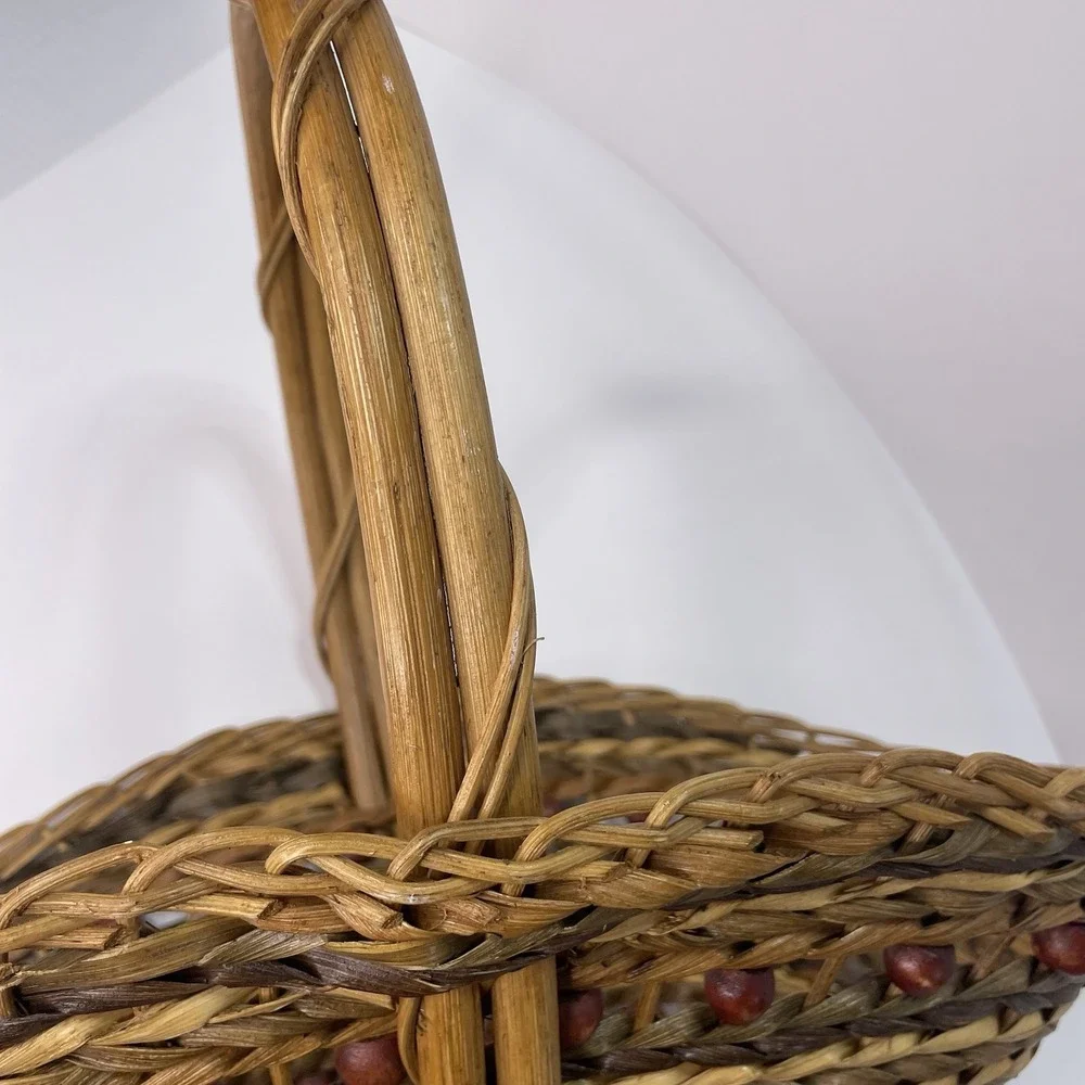 Large Vtg Willow Wicker Wood Bead Basket Handmade‎ Rattan 16.5x10.5